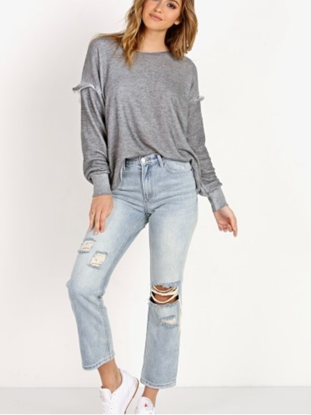WILDFOX Adri Ruffle Sweatshirt Gray Raw Edges Large